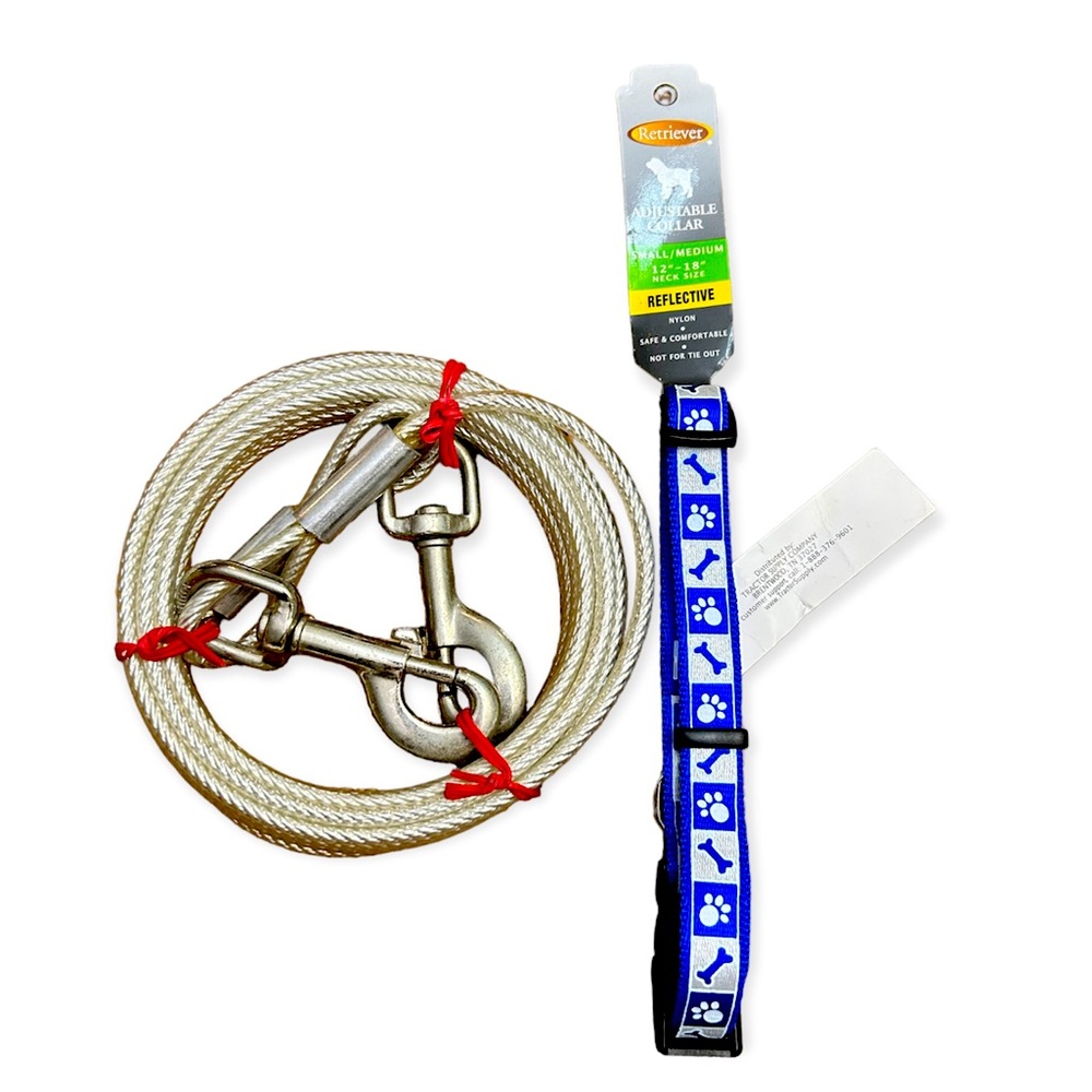 NWT Retriever Adjustable Reflective Dog Collar Size S/M and Cable Tie Out Bundle